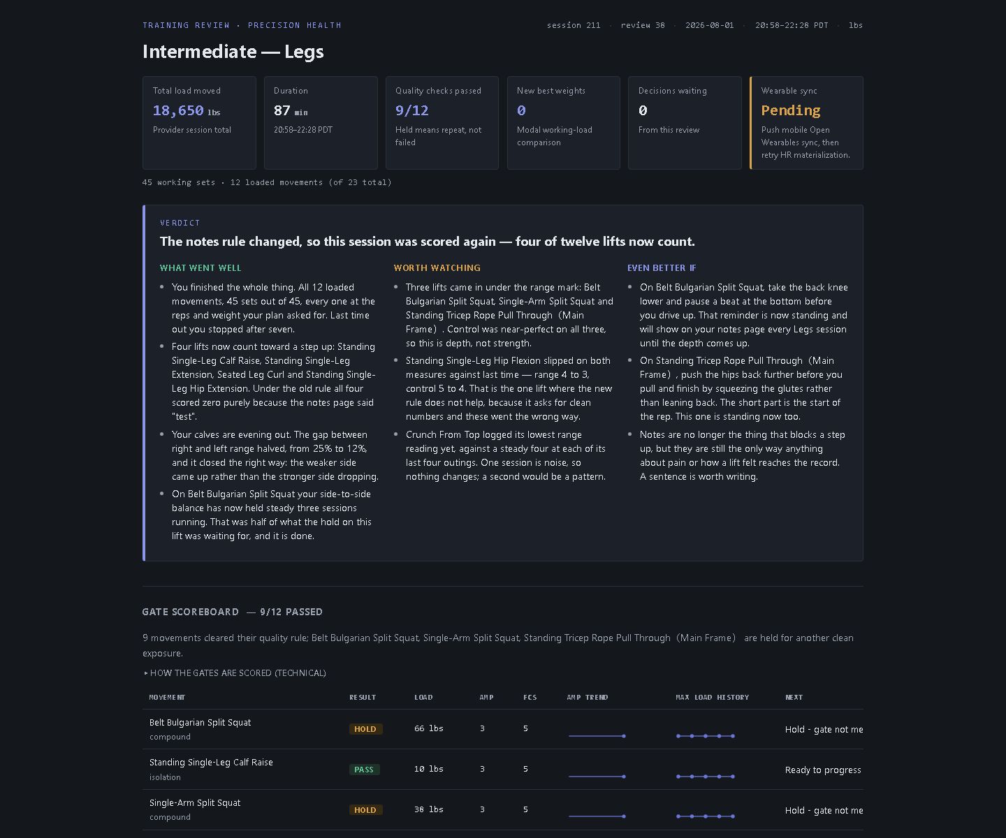 Training-review report showing summary tiles for total load, duration, quality checks and new best weights, a verdict card in plain language, and a per-movement gate scoreboard with pass and hold results